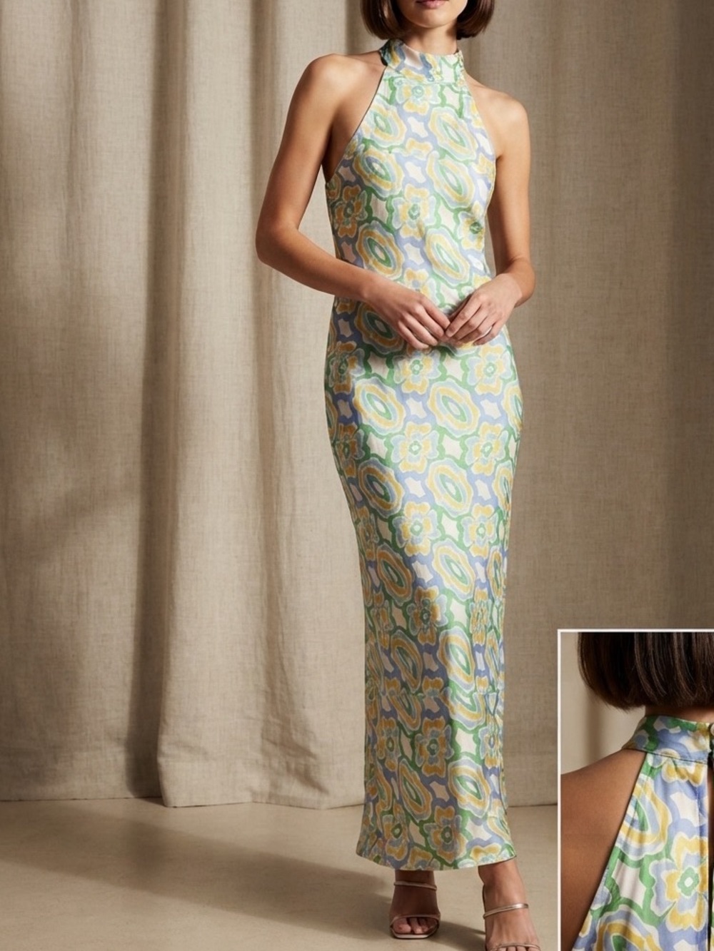 Zara Pastel Floral Halter Maxi Dress in Green, Blue and Yellow
